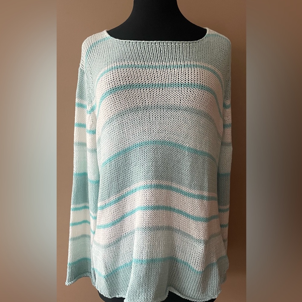 Wooden Ships Cream and Light Blue Striped Scoop Neck Sweater